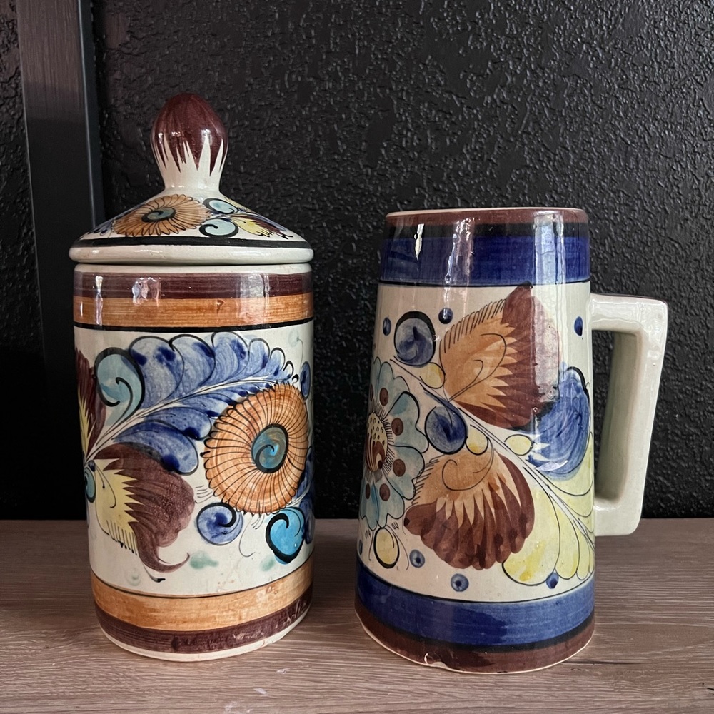 Vintage Floral Tonala Mexican Pottery Beer Stein Mug & Canister/ Lid Signed